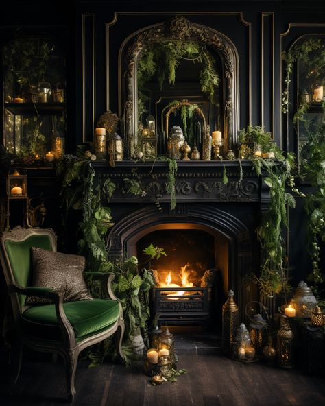 Black Green Furniture, Green Victorian House Interior, Emerald Green Maximalist Living Room, Green And Black Fireplace, Slytherin Aesthetic Living Room, Dark Victorian Aesthetic Living Room, Moody Fireplace Room, Green Gothic Living Room, Gothic Fireplace Decor