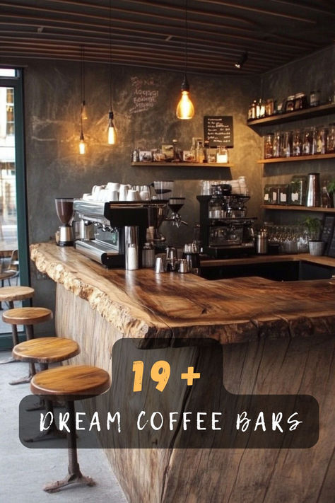 Dreaming of the perfect home coffee bar? Click for inspiring setups that make every morning special. ☕🏡✨ #CoffeeBarIdeas #HomeCoffeeStation #MorningRoutine #HomeDecor #CoffeeLover Cocktail And Coffee Bar Designs Idea, Cafe House Design Coffee Shop, Fancy Coffee Bar, Cozy Coffee Shop Interior, Coffee House Aesthetic, Break Room Ideas, Shop Bar Ideas, Rustic Coffee Shop, Coffee House Design