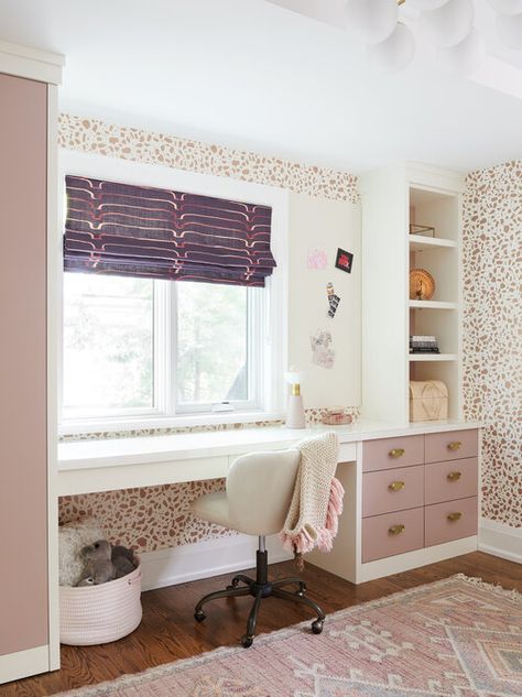 Pink Girls Room with White and Pink Built Ins - Transitional - Girl's Room Built In Dresser And Desk In Bedroom, Built In Desk Under Window Bedroom, Girls Bedroom Built Ins, Built In Desk And Shelves Around Window, Desk Under Window Bedroom, Built In Desk And Shelves Bedroom, Girls Bedroom With Desk, Girls Desks In Bedroom, Kids Desk Bedroom