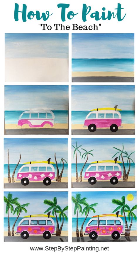 Paint A Beach, Paint Beach, Beach Van, Paintings Tutorials, Painting Summer, Painting Sunset, Canvas Painting Tutorials, Simple Canvas Paintings, Cute Canvas Paintings