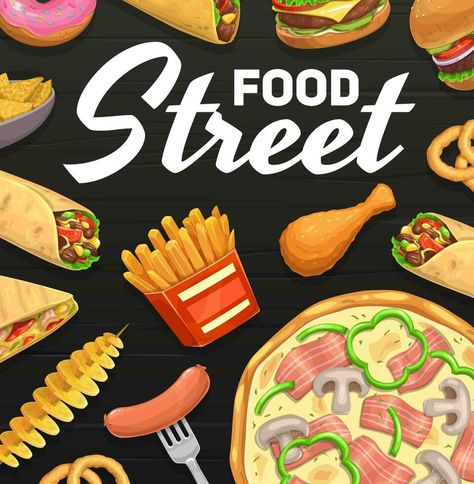 Street food, fastfood meals vector cartoon poster Cartoon Posters, Vector Cartoon, Poster Poster, Infographic Templates, Cheeseburger, Street Food, Sugar Cookie, Vector Free, Clip Art