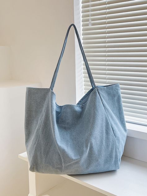 Baby Blue Fashionable   Denim Plain Shoulder Tote Bag Embellished   Women Bags Totes Ideas, Big Tote Bags, Tote Bags Sewing, Blue Tote Bag, Denim Tote Bags, Fancy Bags, Denim Tote, Blue Tote, Linen Bag