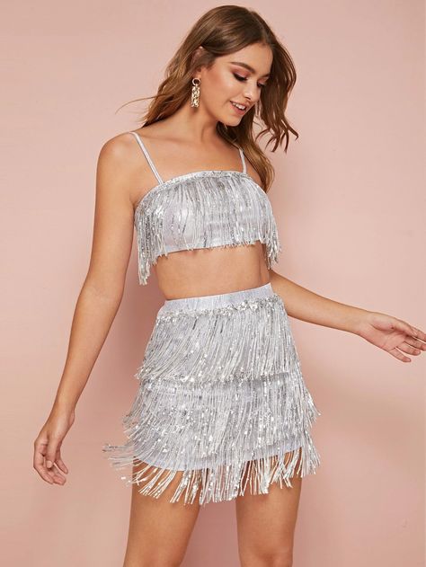 Sequin Fringe Trim Metallic Cami Top & Skirt Set | SHEIN USA Eras Tour Outfits Sequin Skirt, Sequin Fringe Skirt, Country Fest, Eras Outfit, Eras Outfits, Clean Products, Taylor Swift Tour Outfits, Crop Cami Top, Body Suits