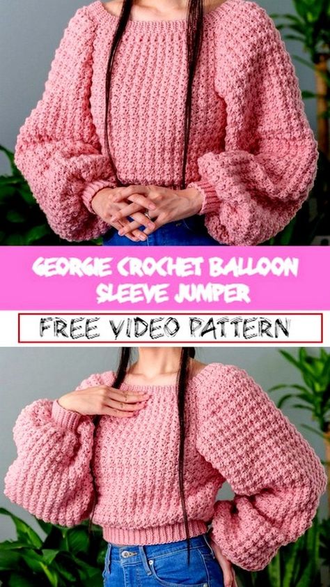 Crochet Jupiter Sweater Patterns Each Season & Next Crochet Balloon Sleeve, Balloon Sleeves Pattern, Pola Sweater, Crochet Balloon, Crochet Jumper Pattern, Ladies Crop Top, Crop Top Design, Balloon Sleeve Cardigan, Crochet Pullover