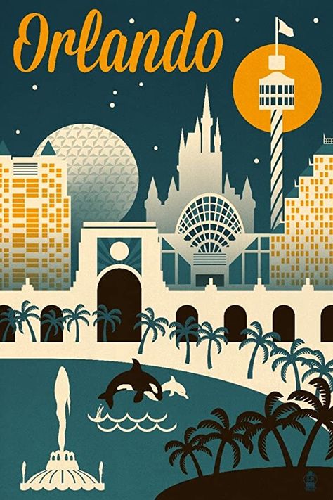 AmazonSmile: Orlando, Florida - Retro Skyline (12x18 Art Print, Wall Decor Travel Poster): Wall Art Florida Poster, Skyline Art, Stock Art, Print Wall Decor, Travel Wall Art, Vintage Travel Posters, Orlando Florida, Posters Prints, Vintage Travel