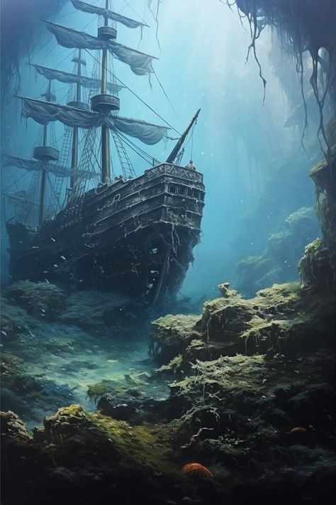 An Ancient Pirate Shipwreck Deep Underwater Vintage Oil Painting S4 - Etsy Turkey Shipwreck Mermaid, Shipwreck Aesthetic, Pirate Ship Aesthetic, Pirate Fantasy Art, Shipwreck Underwater, Shipwreck Painting, Ship Underwater, Pirate Shipwreck, Ghost Ship Art