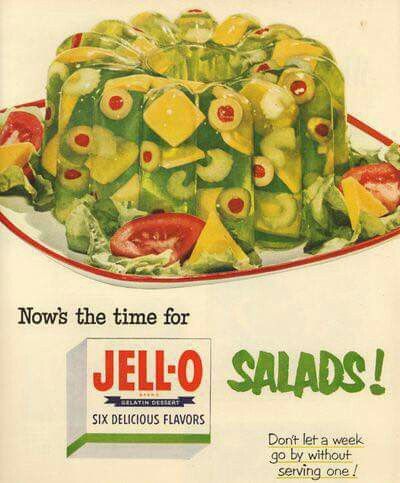 Nothing says delicious like green olives and lime jello. Jello Salad Recipes, Jello Flavors, Jello Salads, Gross Food, Gelatin Dessert, Jello Salad, Jello Molds, Jello Recipes, Jell O