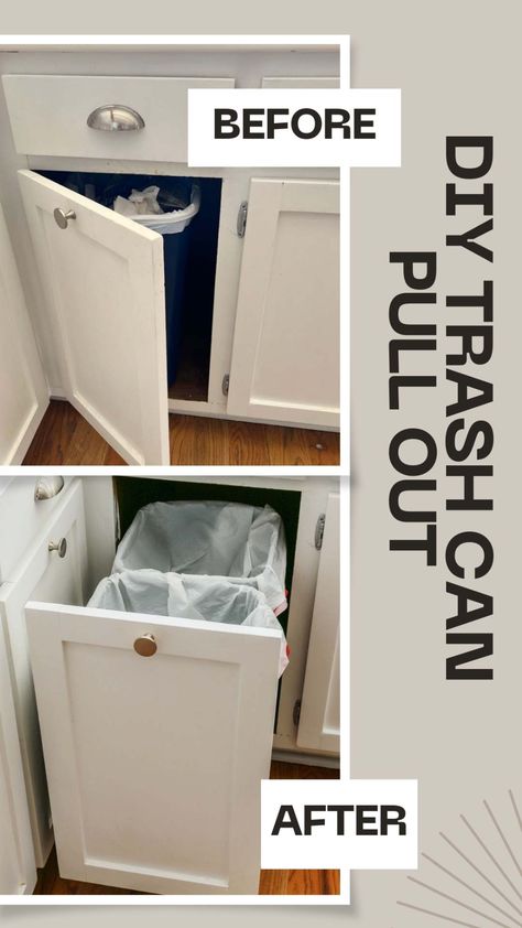 diy kitchen trash can storage ideas Trash Can Inside Cabinet, Garbage Can In Pantry, Slide Out Garbage Can Diy, How To Make A Pull Out Trash Can Cabinet, Diy Trash Can Cabinet Coffee Bar, How To Hide Kitchen Trash Can, Kitchen Cabinet Garbage Drawer, Trash Can Small Kitchen, Pull Out Recycling Cabinet