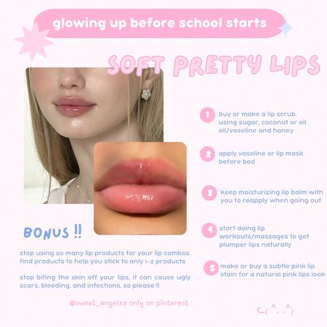 Lip Tips And Tricks, Lip Glow Up, How To Grow Lips, How To Have Soft Lips, Vaseline Lip Scrub, Pretty Lips Natural, How To Get Pink Lips Naturally, Pink Lips How To Get Naturally, How To Get Soft Lips