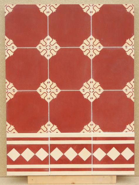 Handmade encaustic tiles. Red and Cream. 2502 DR-BW pattern. 2201 DR-BW border.  Brochure available. Vintage Italian Tiles, Athangudi Tiles Pattern, Athangudi Tiles Texture, Bharat Tiles, Indian Tiles, Athangudi Tiles, Flooring Texture, Encaustic Tiles, Tile Design Pattern