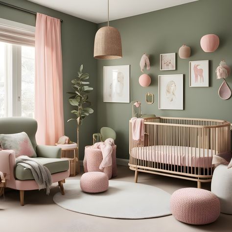 Green And Peach Nursery, Newborn Bedroom Ideas Nurseries, Dark Green And Pink Nursery, Girl Nursery Green And Pink, Green Girl Nursery Ideas, Sage Green Pink Nursery, Pink And Sage Green Nursery, Baby Girls Room Ideas, Dark Green Nursery Girl