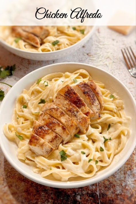 A dish of Chicken Alfredo. Chicken With Angel Hair Pasta, Simple Chicken Alfredo Recipe, Homemade Chicken Alfredo, Chicken And Pasta, Chicken Fettuccine Alfredo, Chicken Fettuccine, Chicken Tetrazzini, Chicken Alfredo Recipes, Chicken Alfredo Pasta