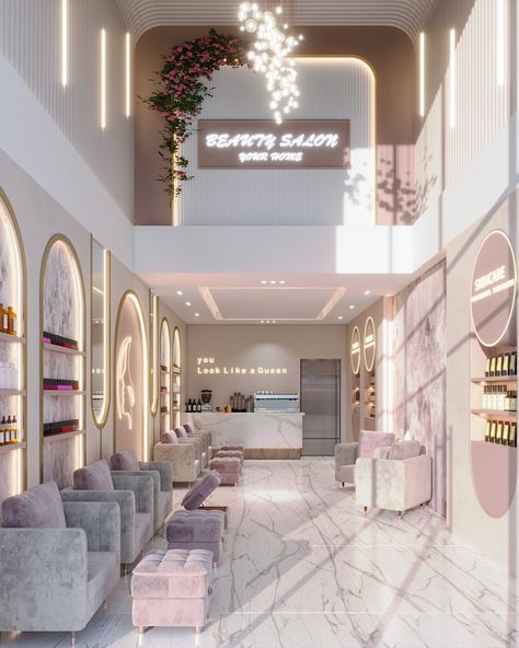 Beauty Salon on Behance Pastel Interior Design, Salon Design Ideas, Nail Salon Interior Design, Beauty Salon Interior Design, Nail Salon Interior, Hair Salon Design, Spa Interior Design, Beauty Salon Furniture, Hair Salon Interior