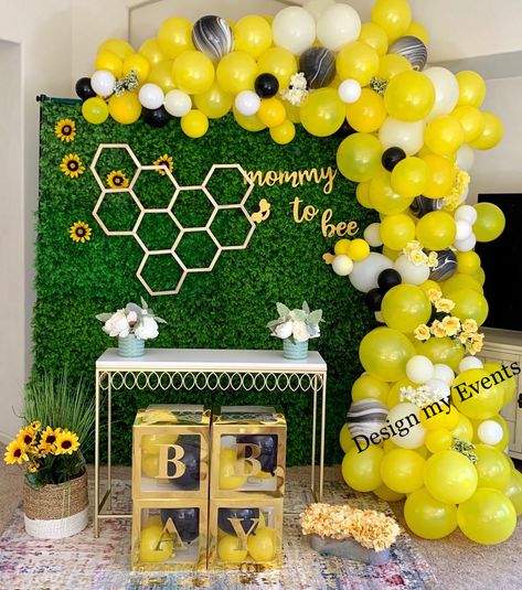 Bee theme Bee Theme Party Decorations, Bumble Bee Birthday Party Decorations, Honey Bee Themed Birthday Party, Bee Backdrop, Bumble Bee Theme, Bee Baby Shower Decoration, Bee Themed Birthday Party, Honey Bee Theme, Gender Reveal Baby Shower Themes