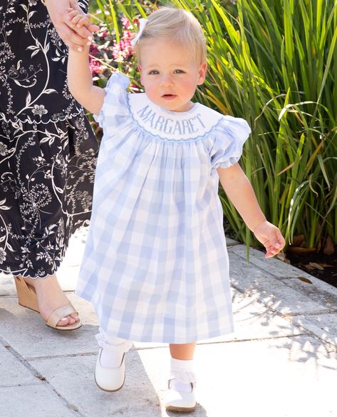 Baby Smocked Outfits, Sister Happy Birthday, Smocked Baby Clothes, Blue Gingham Dress, Smocked Baby Dresses, Smocked Clothes, Monogram Outfit, Southern Outfits