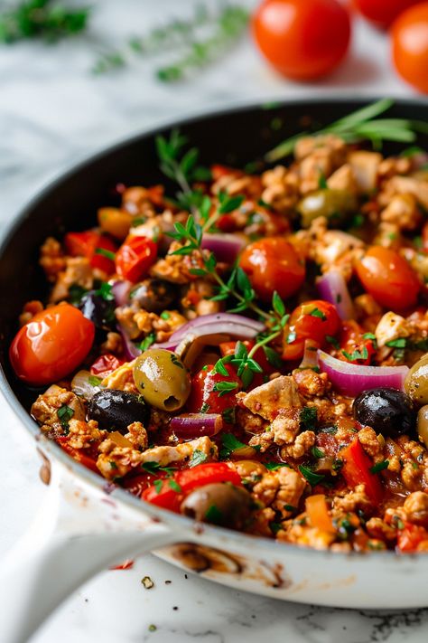 Satisfying Mediterranean Keto Ground Chicken Skillet with Olives and Feta Recipe #ketodiet #ketorecipes #lowcarb Dinner Recipes With Olives, Low Carb Mediterranean Recipes Dinners, Mediterranean Diet Family Dinners, Ground Turkey Cherry Tomatoes, Mediterranean Diet Recipes Keto, Ground Chicken Recipes Mediterranean, Mediterranean Protein Recipes, Gf Mediterranean Recipes, Ground Turkey Mediterranean Bowl