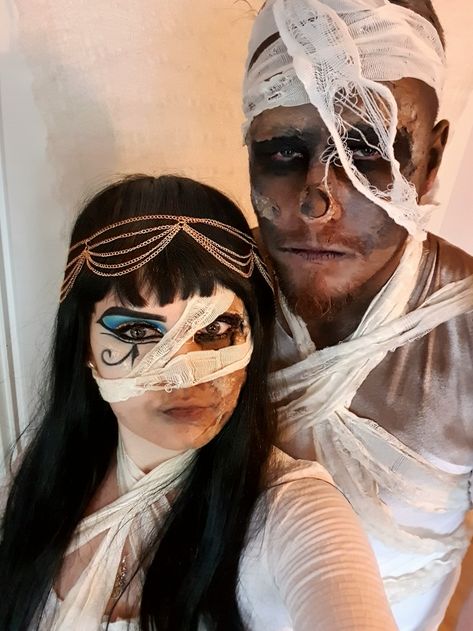 Couple Mummy Costume, Mummy And Cleopatra Couple Costume, Cleopatra Mummy Costume, Cleopatra Halloween Costume Couple, Mummy Costume Couple, Cleopatra And Mummy Costume, Mummy Costume Makeup, Cleopatra Couple Costume, Mummy Couple Costume