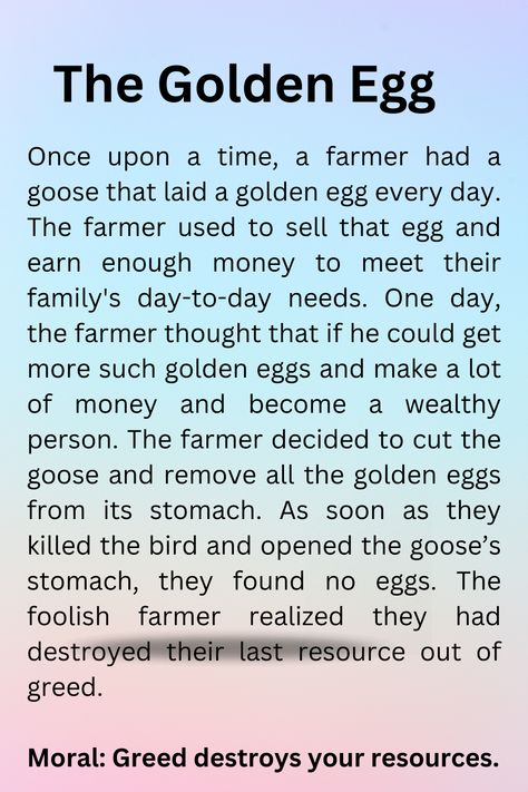 #English Golden Egg Story For Kids, The Golden Egg Story, Short Story English, Short Story For Grade Two, English Reading Short Stories, Short Stories In English, Short Story Writing, Short Story For Kids, Story For Kids Short In English