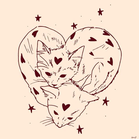 Cats in love Two Cats Together Drawing, Cats In Love Doodle, Cats In Love Art, Cats Kissing Drawing, Cat Couple Drawing, You And Me, Two Cats Tattoo, Cats In Love Drawing, Two Cats In Love