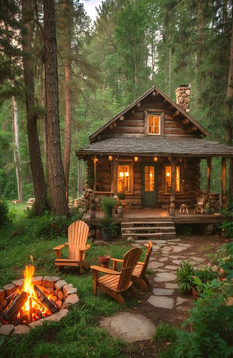 Family Cabin Exterior, Cabin In Forest Aesthetic, Woods Landscaping Ideas, Small Cabin Exterior, Chalet Aesthetic, Cottages In The Woods, Homestead Cabin, Facts About Halloween, Cottage In The Forest