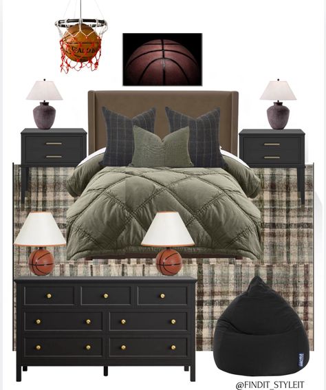 Sporty bedroom with green accents. Nightstands are 36% off The beanbag is 27% off Rug is over 45% off depending on size Bed is on sale, percentage depends on the size#ltksale #ltkcanada #ltkkids #ltkhome #ltksalealert #ltkteens Queen Bed Boys Room, Boys Teen Bedroom Ideas, Boy Green Bedroom, Green Teen Boy Bedroom, Boys Bedroom Ideas Age 8-10, Teen Boy Bedroom Green, Boys Green Bedroom, Cozy Boys Bedroom, Bedroom With Green Accents