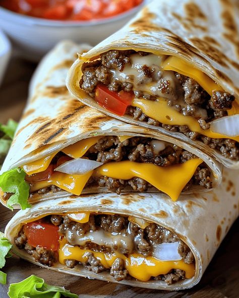 Delicious Cheeseburger Wraps 🍔🌯 If you’re craving a cheeseburger but want something a bit more portable and fun, these Cheeseburger Wraps are the perfect solution! This recipe combines all the ... Read more Crunchy Cheeseburger Wraps, Cheeseburger Wrap Recipe, Wrap Burger Recipes, Bacon Cheeseburger Quesadilla, Cheeseburger Tortilla Wrap, Bacon Cheeseburger Wraps, Cheeseburger Wraps Ground Beef, Hamburger Wraps Tortillas, Burger Wraps Tortilla