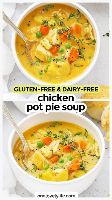 Healthy Chicken Pot Pie Soup, Gluten Free Chicken Soup, Dairy Free Chicken Pot Pie, Gluten Free Chicken Pot Pie, Dairy Free Soup Recipe, Chicken Pot Pie Soup Recipe, Paleo Chicken Soup, Pot Pie Soup Recipe, Chicken Soup Recipes Homemade