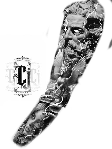 Greek Mythology Tattoo Designs Men, Greek Mythology Tattoos Sleeve Zeus, Greek Tattoo Sleeve Design, Sleeve Tattoos For Guys Greek Mythology, Zeus Realism Tattoo, Greek God Sleeve Tattoos For Guys, Greek Style Sleeve Tattoo, Greek Arm Tattoos For Men, Greek Mythology Tattoos Design