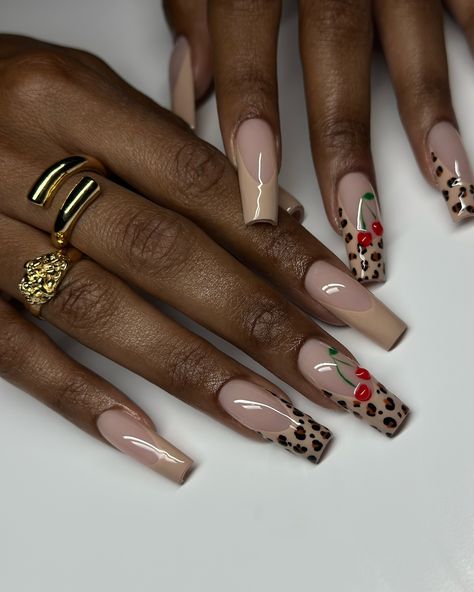 Cherry 🍒 cheetah🐆 Red Nails Leopard Print, Cheetah Cherry Nails, Pink Cheetah Nails, Nails Leopard Print, Nails Leopard, Nails With Pink, Cheetah Nail Designs, Cheetah Print Nails, Cheetah Nails