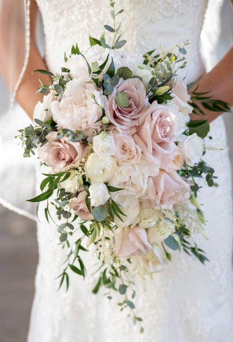 Sage Green And Blush Centerpieces Wedding, Bridal Bouquet Roses Blush, Small Cascade Bridal Bouquet, Blush Pink And Taupe Wedding, Rose Pink Wedding Bouquet, Blush Bride Bouquet Wedding, Blush Flower Arrangements Wedding, Dusty Rose And Eucalyptus Bouquet, Dusty Rose Summer Wedding