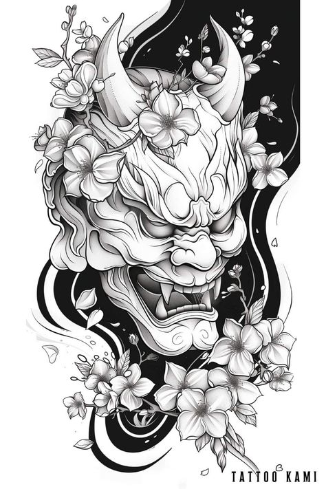 Female Hannya Mask Tattoo, Japanese Oni Back Tattoo, Asian Style Sleeve Tattoo, Hanya Mask Sleeve Tattoo, Oni Tattoo Design Ideas, Realistic Oni Mask Tattoo, Oni Mask With Flowers Tattoo, Oni Mask Cherry Blossom Tattoo, Oni Mask Tattoo Shoulder