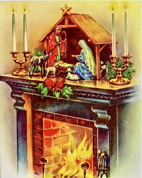 Christmas Vintage Cards, Mantle Christmas, Christmas Cards Vintage, Vintage Nativity, The Nativity Scene, Nativity Christmas, Vintage Christmas Images, Nativity Scenes, Christmas Mantel