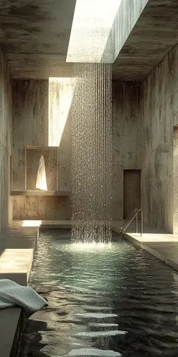 ↑↑↑ Larger size on website 🔸 The image shows a minimalist indoor pool with a concrete ceiling and walls. A large waterfall pours Indoor Water Body Design, Interior Waterfall, Indoor Surf Pool, Indoor Pool Aesthetic, Indoor Pools Aesthetic, Waterfall Indoor, Mirror Pool, Concrete Waterfall, Dark Indoor Pool