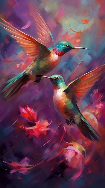 Painting Hummingbirds, Flying Birds Painting, Hummingbirds Flying, Animal Painting Ideas, Two Hummingbirds, Leaves Painting, Hummingbird Painting, Fly On The Wall, Painting Animals