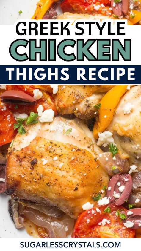 Experience the vibrant flavors of the Mediterranean with these easy baked Greek chicken thighs. Marinated in a delicious blend of olive oil, red wine vinegar, and aromatic herbs, these Greek chicken thighs are roasted on a sheet pan with cherry tomatoes, olives, and bell peppers. Finished with crumbled feta cheese, this dish is a complete meal that’s perfect for weeknight dinners. Serve with Greek salad and pita bread for an authentic Greek dining experience! Baked Greek Chicken Thighs, Greek Chicken Thighs, Chicken Thighs Baked, Baked Greek Chicken, Traditional Greek Salad, Chicken Thighs Recipe, Thighs Recipe, Baked Chicken Thighs, Greek Chicken