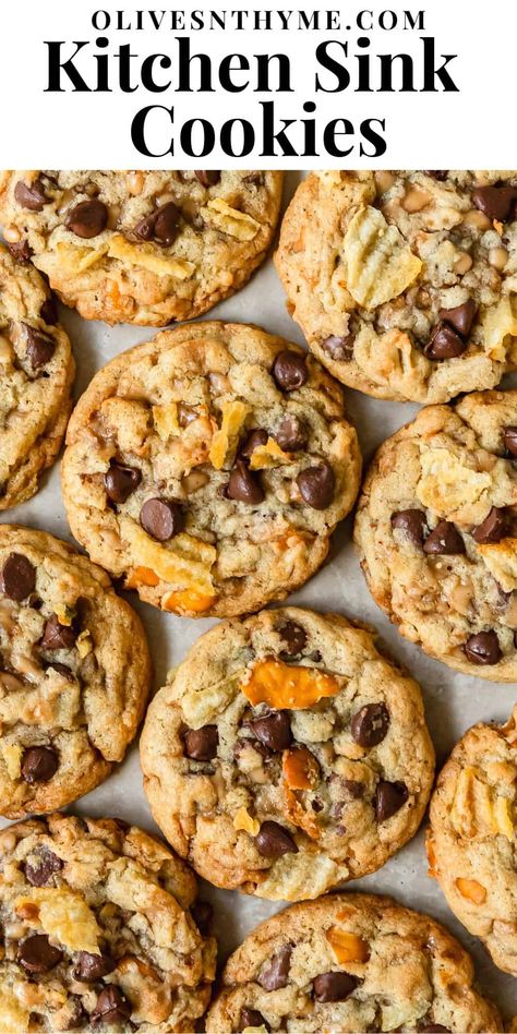 Kitchen sink cookies are chewy "everything but the kitchen sink" cookies loaded with salty sweet chocolate chips, pretzels, chips and caramel toffee bits.