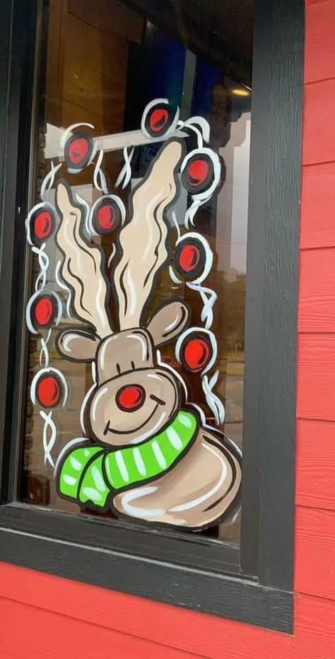 Window Holiday Painting, Painted Windows Christmas, Easy Holiday Window Painting, Christmas Tree Window Painting, Christmas Window Paintings, Painted Christmas Windows, White Christmas Window Painting, Window Painting Christmas, Rudolph Window Painting