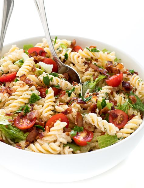 Ranch BLT Pasta Salad | chefsavvy.com Lettuce Pasta Salad, Rotini Pasta Salad, Bowtie Pasta Salad, Blt Pasta Salad, Blt Pasta, Blt Pasta Salads, Homemade Ranch Dressing, Making Pasta, Homemade Ranch