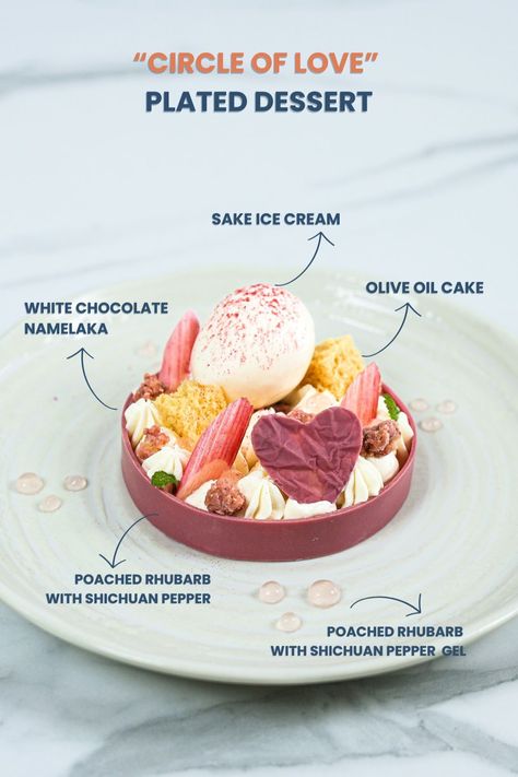 “Circle of Love” - Plated dessert This year for Valentine's Day, I've created a dessert that's both simple yet complex in flavors - "Circle of Love" plated dessert.   Explore "Circle of Love" Valentine’s plated dessert recipe with poached rhubarb and Sichuan pepper, accompanied by sake ice cream, olive oil cake, and white chocolate namelaka Poached Rhubarb, Valentine Plates, Plated Dessert, Desert Ideas, Dessert Station, Sichuan Pepper, Oil Cake, Dessert Plating, Valentine Desserts