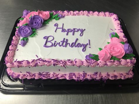 Pink and purple birthday sheet cake. #sheetcake #icingroses Pink And Purple Sheet Cake, Purple Sheet Cake, Pink And Purple Birthday, Purple Frosting, Sheet Cakes Decorated, Floral Cake Design, Purple Cakes Birthday, Pink Birthday Cake, Sheet Cake Designs