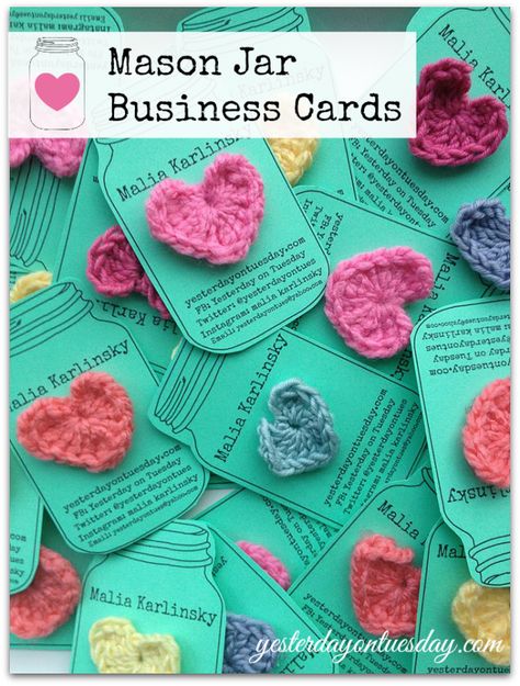 Mason Jar Business Cards...how adorable! Crochet Hearts, Diy Headboards, Crochet Labels, Free Mason, Mason Jar Cards, Wood Items, Diy Business Cards, Crochet Business, Craft Show Ideas