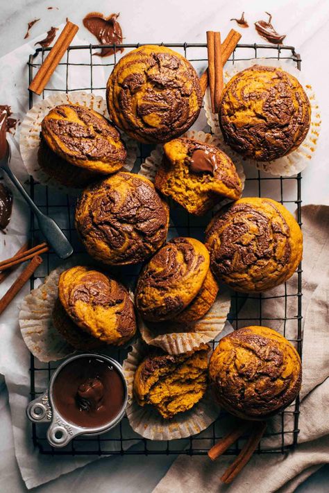 These moist pumpkin muffins are swirled with creamy chocolate SunButter! They're also so quick and easy to make so this is bound to be your new favorite chocolate pumpkin muffin recipe. #pumpkinmuffins #chocolatepumpkin #pumpkinspice #butternutbakery | butternutbakeryblog.com Chocolate Sunbutter, Moist Pumpkin Muffins, Chocolate Pumpkin Muffins, Butternut Bakery, Gluten Free Pumpkin Muffins, Pumpkin Muffin Recipes, Pumpkin Chocolate Chip Muffins, Decadent Chocolate Cake, Muffin Batter