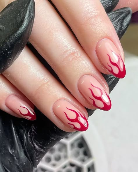 Blood French Tip Nails, Fire Design On Nails, Red Flame Nails, Red Nails For Prom, Tuxedo Nails, Red French Tips, French Tip Nail Ideas, Tip Nail Ideas, Nails For Prom