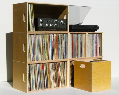 I think some record crates are in order. Such an understated look! Record Storage Ideas, Projects With Wood, Lp Record Storage, Record Crate, Budget Furniture, Audio Room, The Leftovers, Vinyl Record Storage, Record Storage