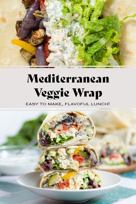 Try this Mediterranean Veggie Wrap if you're looking for a healthy vegetarian lunch or light dinner! It's made with mashed chickpeas, homemade tzatziki sauce, creamy hummus, and roasted colorful roasted veggies. This wrap requires minimal work and it's super versatile so you can add things or leave them out based on your preference. It's easy to make, healthy, flavorful, and packed with protein! Mediterranean Pita Wrap, Veggie Wraps Recipes Healthy, Lunch Wraps Healthy, Vegetarian Wraps Recipes, Tzatziki Wrap, Mashed Chickpeas, Veggie Hummus Wrap, Nordic Diet, Vegetarian Wraps