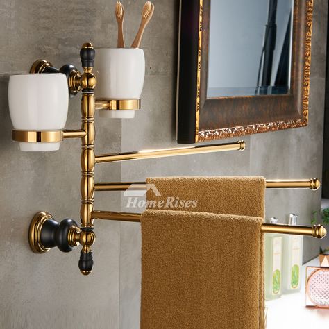 The swing arm towel rack has polished brass finish that keeps surface luxury and high end. Dimension of towel rack could be 30*30cm. Wall mount installation type is easy to assemble to assemble. The brass and ceramic combination decorates towel rack luxury and exquisite. Shown in gold. The towel bar is adjustable in directions. Gold Washroom, Gold Bath Towels, Drømme Bad, Bar Cups, Gold Bathroom Accessories, Towel Holder Bathroom, Brass Bathroom, Gold Bathroom, Bath Ideas