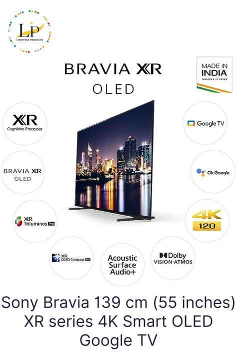 Sony Bravia 139 cm (55 inches) XR series 4K Ultra HD Smart OLED Google TV XR-55A80J (Black) Display Technology OLED Product Dimensions 5.3D x 122.7W x 71.2H Centimeters Resolution 4K Refresh Rate 120 Hz Special Feature Built-In Speaker, Smart TV, Voice Assistant, Browser Model Name 55A80J Included Components 1 LED TV, 1 Warranty Card, 1 AC Power Cord, 1 Remote Control, 1 Table-Top Stand, 1 User Manual, 2 AAA Batteries1 LED TV, 1 Warranty Card, 1 AC Power Cord, 1 Remote Control. Sony Bravia, Google Tv, Voice Assistant, Built In Speakers, Led Tv, Ac Power, Power Cord, Ultra Hd, Smart Tv