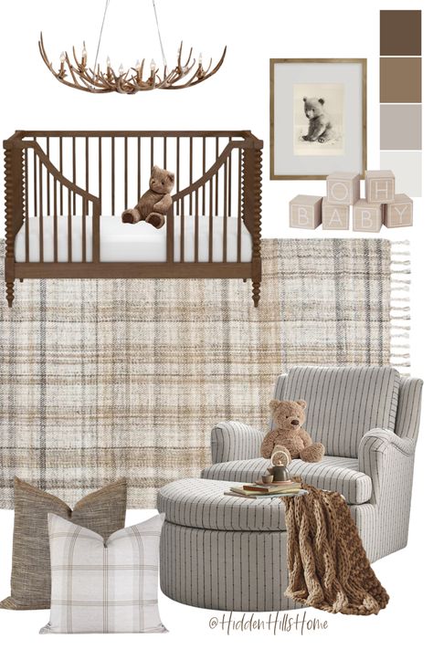 Rustic themed nursery mood board for a baby boys room! Bear Nursery Boy, Teddy Bear Nursery Theme, Bear Nursery Theme, Vintage Nursery Boy, Rustic Baby Boy Nursery, Teddy Nursery, Baby Boys Nursery, Baby Bear Nursery, Brown Nursery