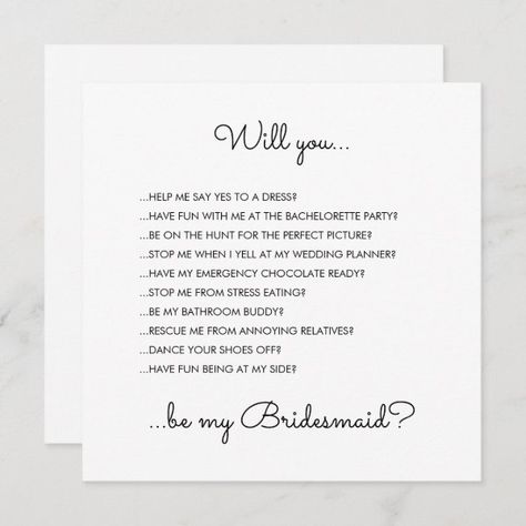 Funny Modern White Script Bridesmaid Proposal Invitation Will You Be My Bridesmaid Poem, Bridesmaid Proposal Card Messages Funny, Bridesmaid Proposal Quotes, Bridesmaid Proposal Card Messages, Bridesmaid Proposal Letter, Cute Ways To Ask Bridesmaids, Simple Bridesmaid Proposal, Bachelorette Proposal, Bridesmaid Message