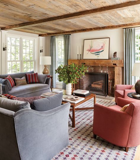 Living Room Neutral, Room Off Kitchen, Wood Fireplace Surrounds, New England House, Grey Living Room, Room Neutral, Cozy Family Rooms, Rustic Ceiling, Bright Living Room